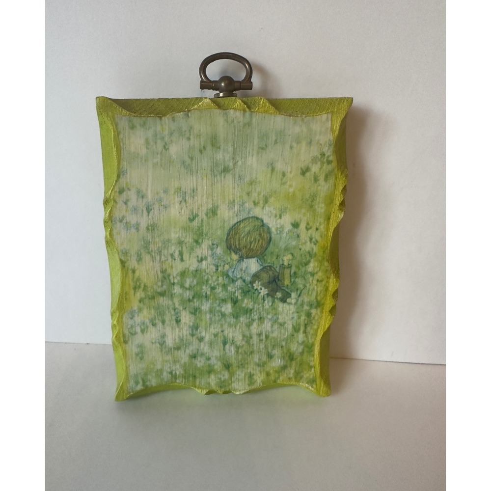 Vintage Mid Century 1960's Wood Wall Plaque Child in Flower Field Green Decor